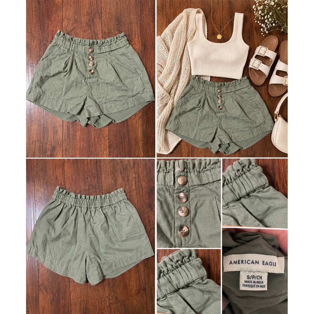 American Eagle Paperbag Waist Linen Blend Shorts S Green Excellent High Rise